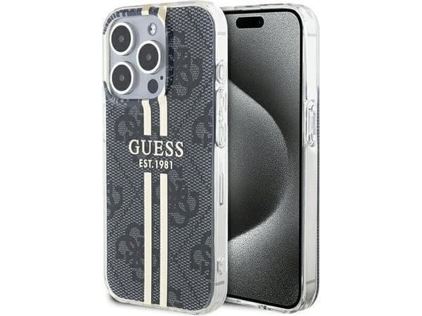 Originalt frontpaneldeksel GUESS GUHCP15LH4PSEGK for iPhone 15 Pro (4G Gold Stripe / Black)