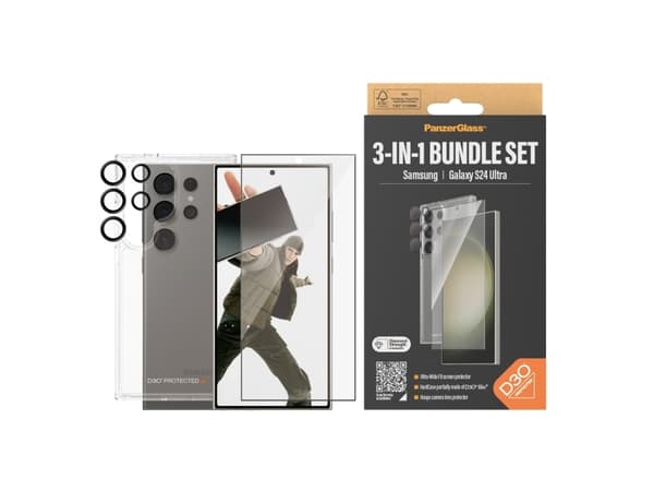 PanzerGlass - 3-i-1 beskyttelsespakke - baksidedeksel for mobiltelefon - ultrabred passform med EasyAligner - D3O Bio, 100 % resirkulert plast - med