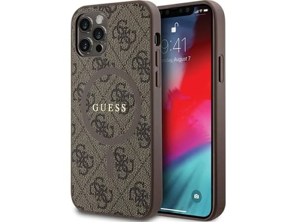Originalt GUESS frontpaneldeksel GUHMP12MG4GFRW for iPhone 12/12 Pro (kompatibel med Magsafe / 4G Ring klassisk logo / Brun)