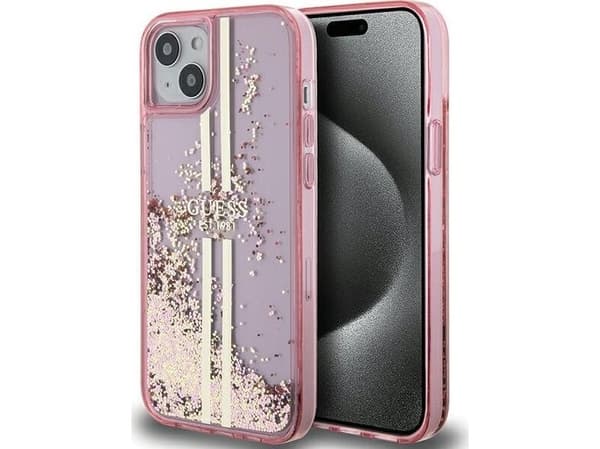 Aito GUESS GUHCP15MLFCSEGP Etupaneelikotelo iPhone 15 Plus -puhelimelle (nestemäinen kiiltävä kultainen raita / vaaleanpunainen)