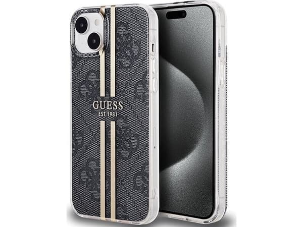 Originalt frontpaneldeksel GUESS GUHCP15MH4PSEGK for iPhone 15 Plus (4G Gold Stripe / Black)