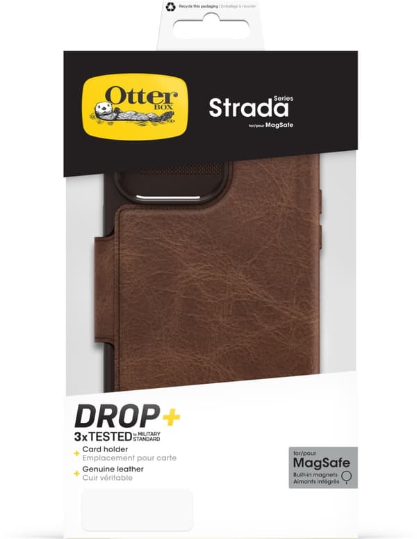 Otterbox Strada MagSafe -plånboksfodral, iPhone 15 Pro Max, brun.