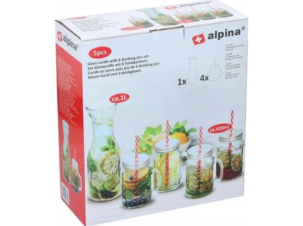 Alpina - glasskrukker for drinker med sugerør, 4 stk med 1 L karaffel