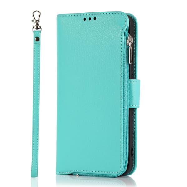 Elegant plånboksfodral i mikrofiberläder med dragkedja - iPhone 15 Pro Grön