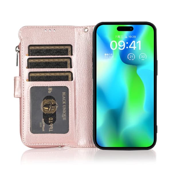 Elegant plånboksfodral i mikrofiberläder med dragkedja - iPhone 15 Pro