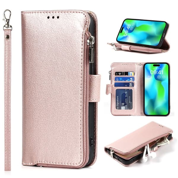 Elegant plånboksfodral i mikrofiberläder med dragkedja - iPhone 15 Pro