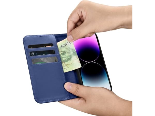 iCarer iCarer Lommebokveske 2-i-1 iPhone 14 Pro-deksel Skinnflipdeksel Anti-RFID Blå (WMI14220726-BU)