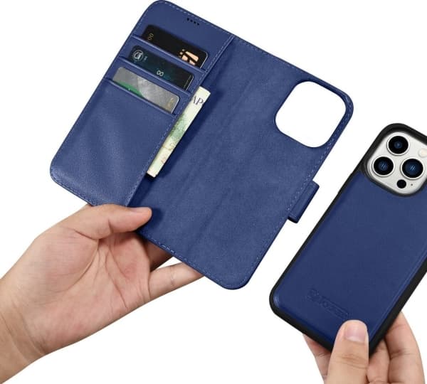 iCarer iCarer Lommebokveske 2-i-1 iPhone 14 Pro-deksel Skinnflipdeksel Anti-RFID Blå (WMI14220726-BU)