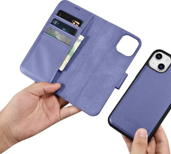 iCarer iCarer Lommebokveske 2-i-1 iPhone 14 Plus-deksel Skinnflipdeksel Anti-RFID lys lilla (WMI14220727-LP)