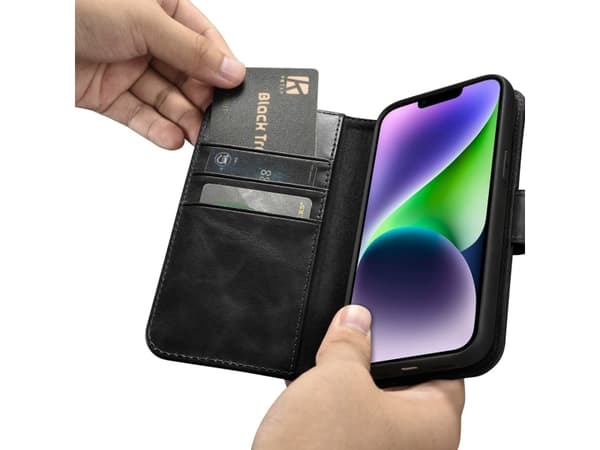 iCarer iCarer Öljyvaha lompakkokotelo 2in1 iPhone 14 Plus Nahkakotelo Anti-RFID läppä musta (WMI14220723-BK)