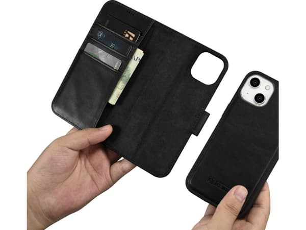 iCarer iCarer Öljyvaha lompakkokotelo 2in1 iPhone 14 Plus Nahkakotelo Anti-RFID läppä musta (WMI14220723-BK)