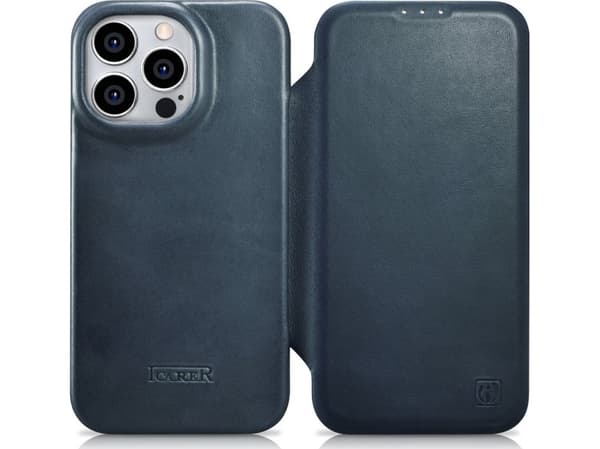 iCarer iCarer CE Oil Wax Premium Leather Folio Case iPhone 14 Pro Max Lærveske med Flip Magnetic MagSafe Blue (AKI14220708-BU)