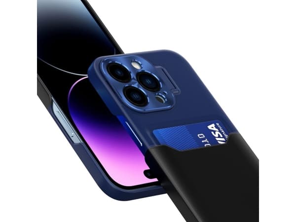 Hurtel Leather Stand Case for iPhone 14 Pro, kort lommebokdeksel med stativ, blå