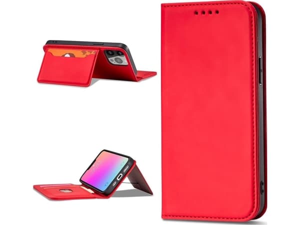 Hurtel Magnet Card Case iPhone 14 Pro Max deksel med klaff lommebokstativ rød