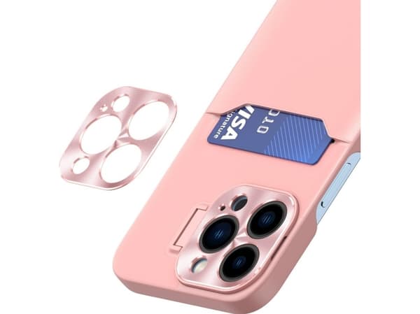 Hurtel Leather Stand Case for iPhone 14 Pro, kort lommebokdeksel med stativ, rosa