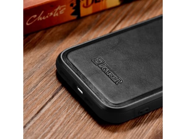 iCarer iCarer Leather Oil Wax-deksel dekket med naturlig lær for iPhone 14 Plus (kompatibel med MagSafe) svart (WMI14220719-BK)