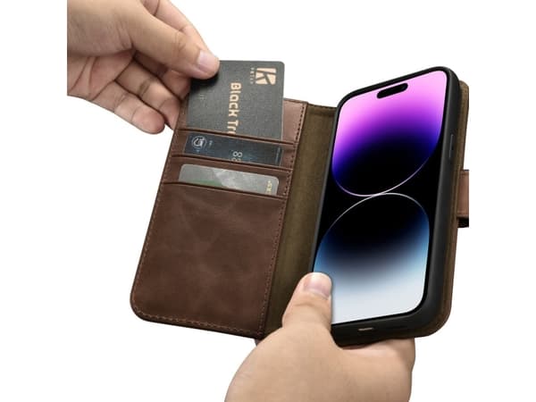 iCarer iCarer Oil Wax Wallet Case 2-i1-veske iPhone 14 Pro Max Leather Flip Cover Anti-RFID Brun (WMI14220724-BN)