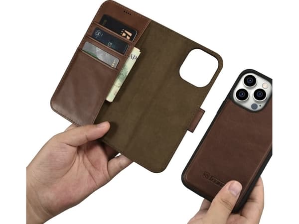 iCarer iCarer Oil Wax Wallet Case 2-i1-veske iPhone 14 Pro Max Leather Flip Cover Anti-RFID Brun (WMI14220724-BN)