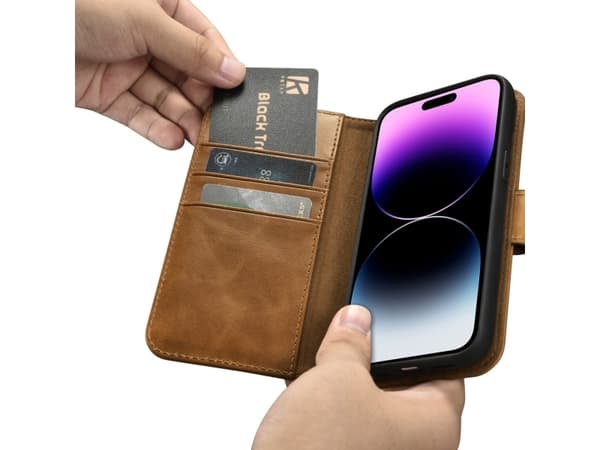 iCarer iCarer Öljyvaha lompakkokotelo 2in1 iPhone 14 Pro Max nahkakotelo Anti-RFID läppä ruskea (WMI14220724-TN)