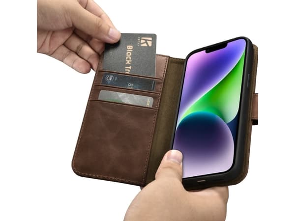 iCarer iCarer Öljyvaha lompakkokotelo 2in1 iPhone 14 Plus nahkakotelo Anti-RFID läppä ruskea (WMI14220723-BN)