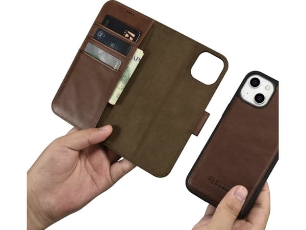 iCarer iCarer Öljyvaha lompakkokotelo 2in1 iPhone 14 Plus nahkakotelo Anti-RFID läppä ruskea (WMI14220723-BN)