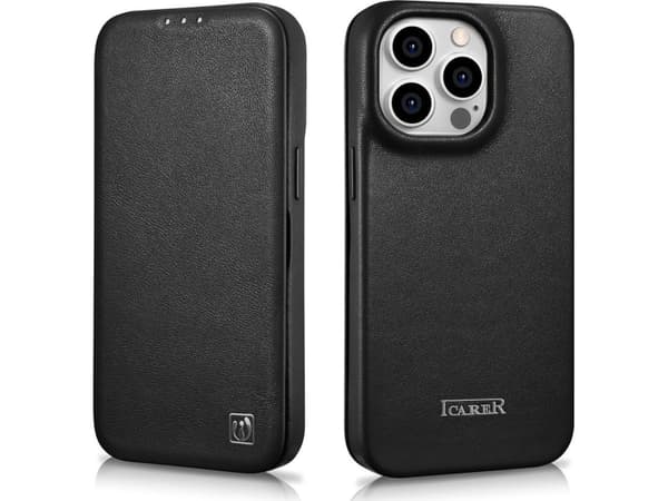 iCarer iCarer CE Premium läderfodral iPhone 14 Pro läderfodral med magnetisk flik MagSafe svart (WMI14220714-BK)
