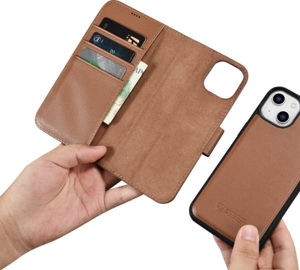 iCarer iCarer Lommebokveske 2-i-1 iPhone 14-deksel Skinnflipdeksel Anti-RFID Brun (WMI14220725-BN)