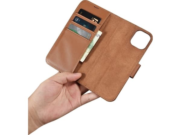 iCarer iCarer Lommebokveske 2-i-1 iPhone 14-deksel Skinnflipdeksel Anti-RFID Brun (WMI14220725-BN)