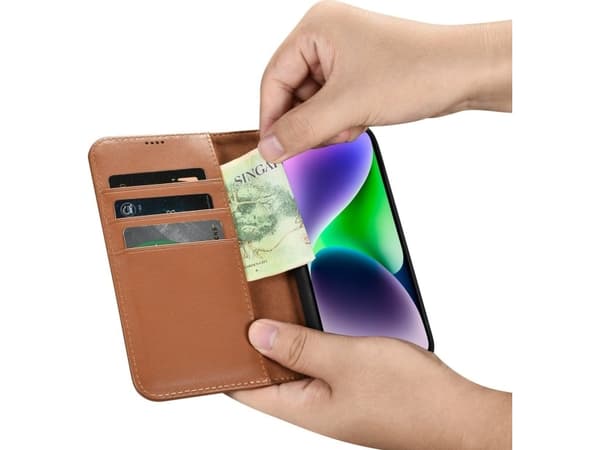 iCarer iCarer Lommebokveske 2-i-1 iPhone 14-deksel Skinnflipdeksel Anti-RFID Brun (WMI14220725-BN)