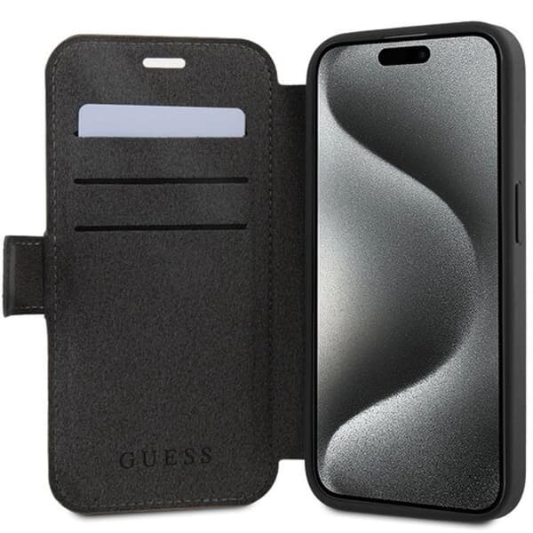 Guess iPhone 15 Pro Plånboksfodral Metall Logo - Grå