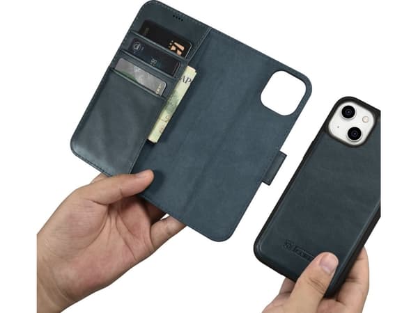 iCarer iCarer Plånboksfodral med olja och vax 2in1 iPhone 14 läderfodral med anti-RFID-flik blå (WMI14220721-BU)