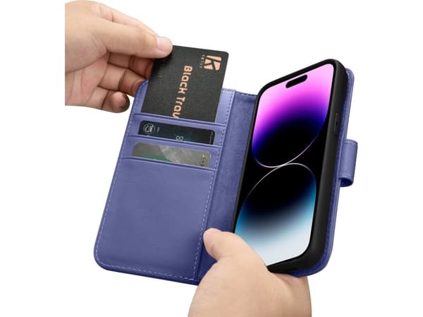 iCarer iCarer Lommebokveske 2-i-1 iPhone 14 Pro Max-deksel Skinnflipdeksel Anti-RFID lys lilla (WMI14220728-LP)