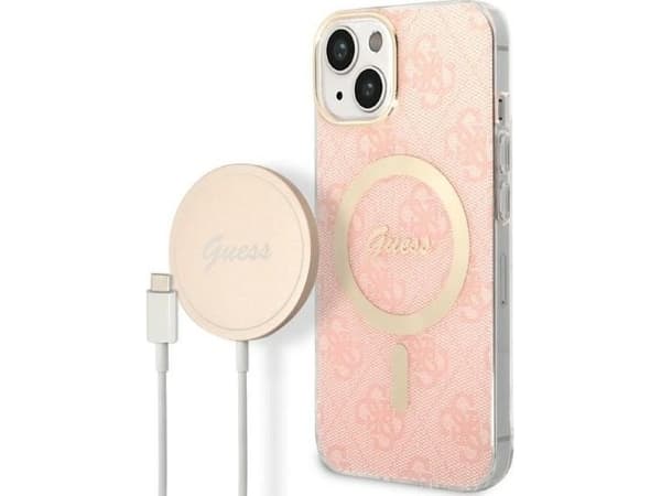 Guess Zestaw Guess GUBPP14SH4EACSP Case+ Charger iPhone 14 6,1" różowy/pink hard case 4G Print MagSafe NoSize