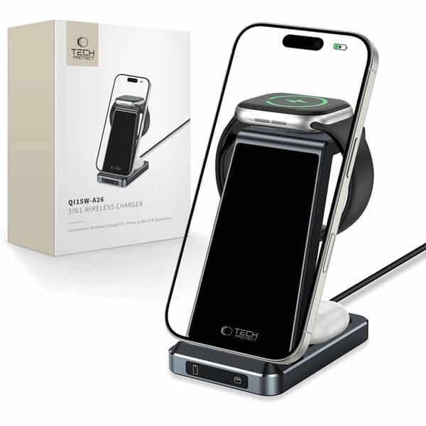 Tech-Protect 3-in-1 Trådlös Laddare iPhone, Apple Watch, AirPods - Svart