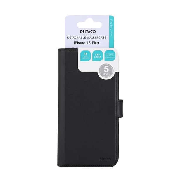 DELTACO Lommebokveske, 2-i-1, iPhone 15 Plus, magnetisk deksel, svart