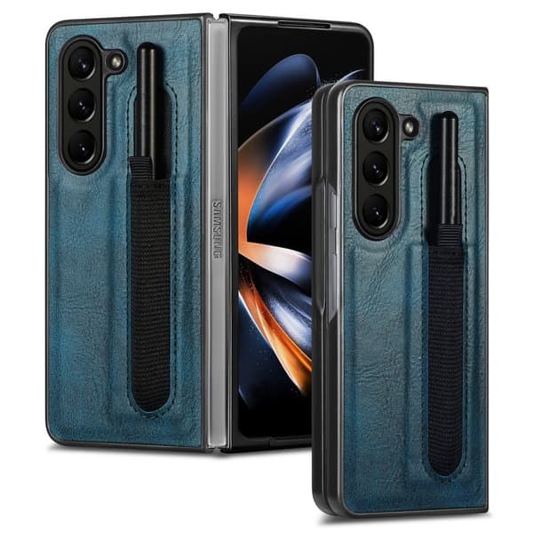 Läderfodral med pennhållare för Samsung Galaxy Z Fold 5 Marinblå