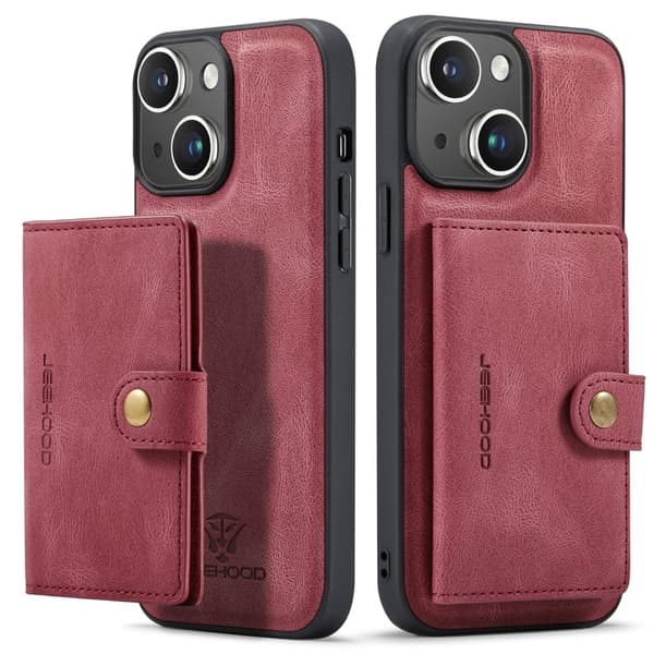 iPhone 15- Läderplånboksfodral med magnetiskt hållare