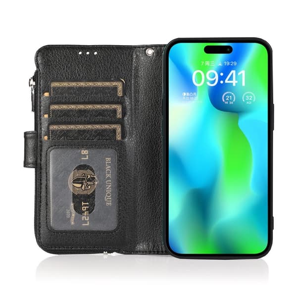 Plånboksfodral med Dragkedja - Fodral till iPhone 15 Svart