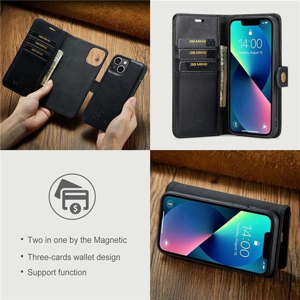 DG.MING iPhone 15 Plus Plånboksfodral Äkta Läder 2in1 - Svart