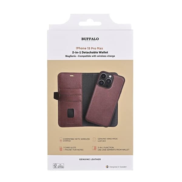 BUFFALO äkta läder iPhone 15 Pro Max Plånboksfodral 3 Kort Magsafe - Brun