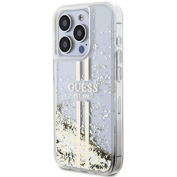 Guess iPhone 15 Mobilskal Liquid Glitter Gold Stripes