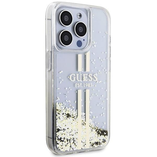 Guess iPhone 15 Mobilskal Liquid Glitter Gold Stripes