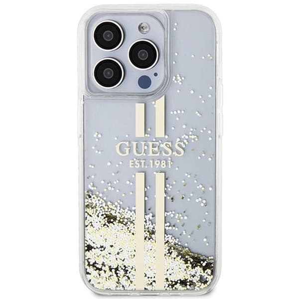 Guess iPhone 15 Mobilskal Liquid Glitter Gold Stripes