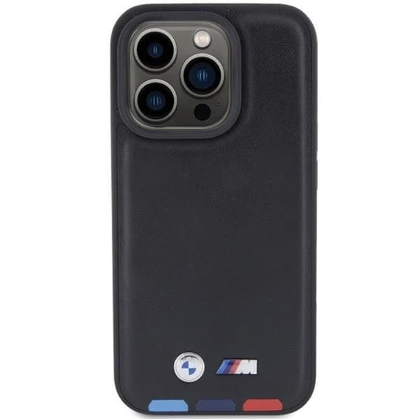 BMW iPhone 15 Pro Max Mobilskal Läder Stamp Tricolor - Svart