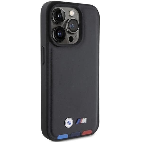 BMW iPhone 15 Pro Max Mobilskal Läder Stamp Tricolor - Svart
