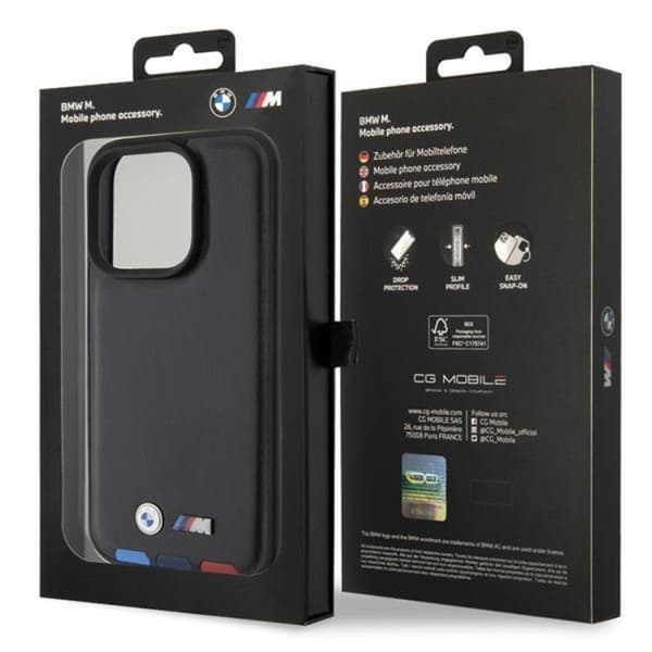 BMW iPhone 15 Pro Max Mobilskal Läder Stamp Tricolor - Svart