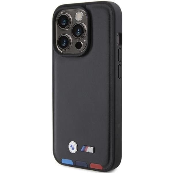 BMW iPhone 15 Pro Max Mobilskal Läder Stamp Tricolor - Svart