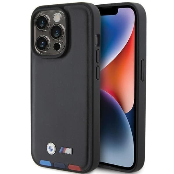 BMW iPhone 15 Pro Max Mobilskal Läder Stamp Tricolor - Svart