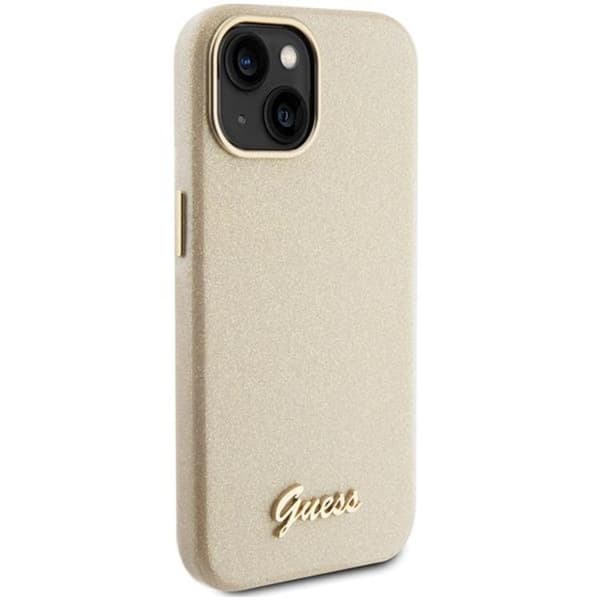 Guess iPhone 15 Mobilskal Glitter Glossy Script - Guld