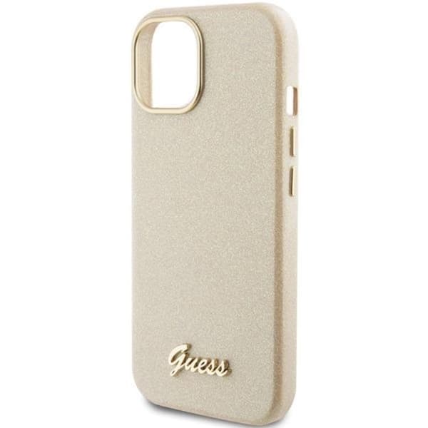 Guess iPhone 15 Mobilskal Glitter Glossy Script - Guld